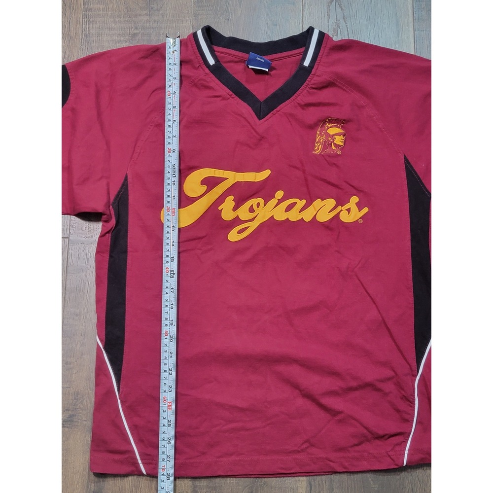 Old‎ Varsity Brand Trojans Maroon Black V-Neck Short Sleeve Athletic Top Large